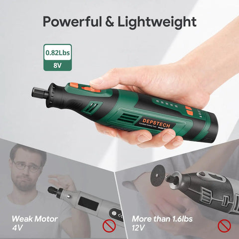 Hand holding Beast Cordless Rotary Tool Kit With 8V 2.0Ah Rechargeable Battery, 30000 RPM, highlighting its lightweight design.