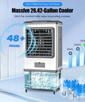 Top Tier Industrial Evaporative Cooler Pulling Insane 5886 Cfm Airflow And Loaded With A Beefy 26 Gallon Water Tank view showing water tank and airflow features.