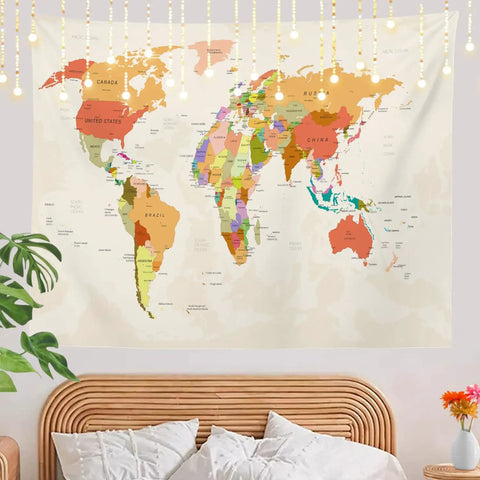 World Map Tapestry For Kids And Students Vintage Colorful Geography Wall Hanging USA Africa Europe Educational Decor 39x59 Red Beige Yellow