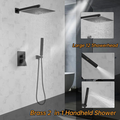 12 Inch Rain Shower Head And Handheld Sprayer Set With A Dope Black Finish Hella Rugged Stainless Steel Hose Solid Brass Rough In Valve And Sweet Dual Spray Action Designed To Level Up Your Daily Bathroom Routine
