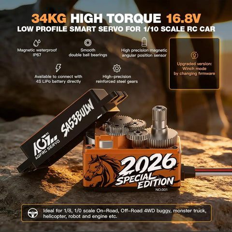 Beefy 34Kg Low Profile RC Servo Motor With 16.8V Direct Power Waterproof Programmable Brushless Smart Servo For 1/10 And 1/8 Scale RC Cars And Trucks SA53BULW 2026 Special Edition showcased with internal gears, high torque label, and 2026 special edition graphic.