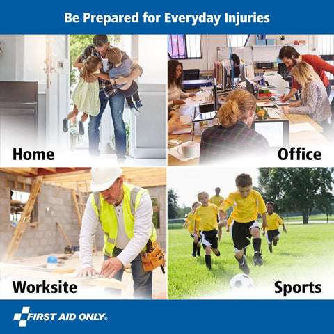 First Aid Only 260-piece OSHA-compliant first aid kit; collage shows home, office, worksite, and sports settings.