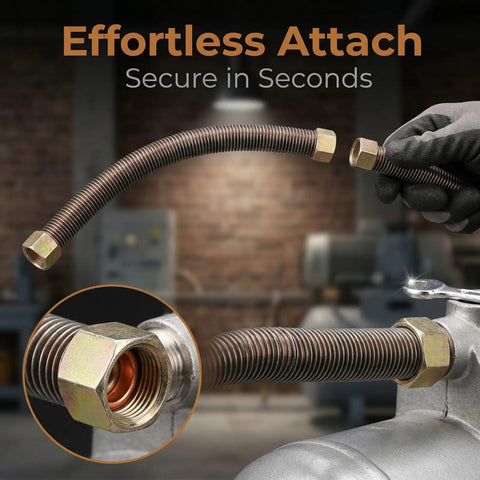 12mm Copper-Coated Exhaust Tube For Air Compressors being attached, showing flexible copper texture and secure fitting connection