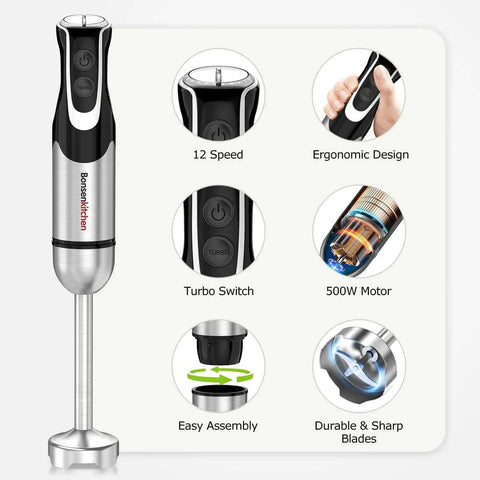 Badass 4 in 1 Immersion Blender with Food Processor and Egg Whisk features ergonomic design and 500W motor.