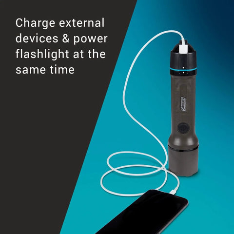 OneSource Rechargeable LED Flashlight with phone charging via USB, showing interchangeable battery feature
