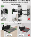 Heavy Duty Under Desk PC Mount For Standing Desk No Fuss Clamp shows anti-slip pads and support stability features.
