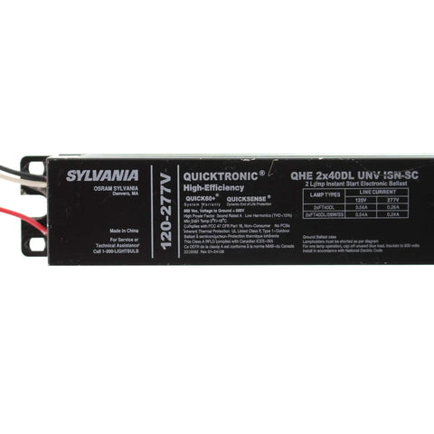 Close-up of Quicktronic 2 Lamp T8 Fluorescent Ballast for Easy Setup, Universal Voltage 120 277V, black finish with label details.
