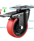 Beefy 4 Inch Caster Wheels Set Of 4 2200 Lbs Capacity Silent Swivel With Brake showing dimensions and brake system