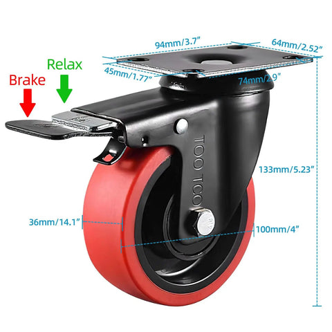 Beefy 4 Inch Caster Wheels Set Of 4 2200 Lbs Capacity Silent Swivel With Brake showing dimensions and brake system