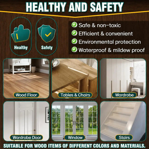 Healthy and Safety infographic showcasing wood floor, tables, wardrobe, wardrobe door, window, and stairs.
