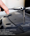Close-up of 55 Piece Screw Extractor Kit For Removing Broken Or Stripped Screws, Bolts, Studs And Lugs With Left Hand Drill Bits in use