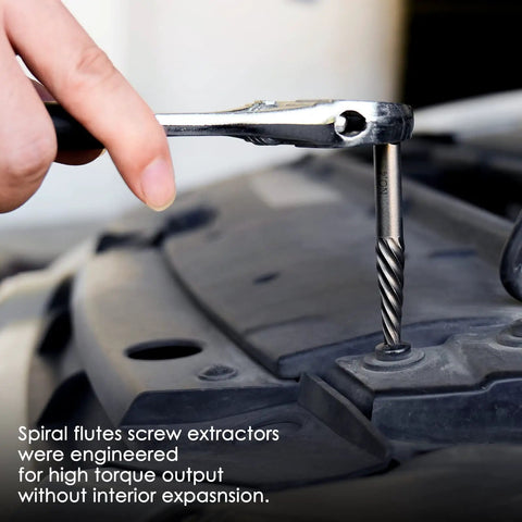 Close-up of 55 Piece Screw Extractor Kit For Removing Broken Or Stripped Screws, Bolts, Studs And Lugs With Left Hand Drill Bits in use