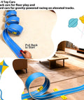 15 Ft Flexible Race Car Track Starter Set For Kids in living room, blue looped racetrack with 4 cars and suction cups on carpet