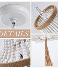Details of Four Light Wood Beaded Boho Farmhouse Pendant Chandelier With Tassels In White Rustic Bohemia Style components