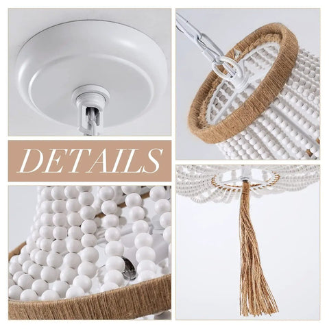 Details of Four Light Wood Beaded Boho Farmhouse Pendant Chandelier With Tassels In White Rustic Bohemia Style components