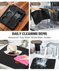Three In One Silicone Coffee Mat for Home Espresso Machines 23 By 15 Inches With Raised Edge Anti Slip Heat Resistant Top Mat And Detachable Drying Pad Fits Ninja Luxe ES601 ES701 And Most Home Espresso Makers shown in use with cleaning examples.