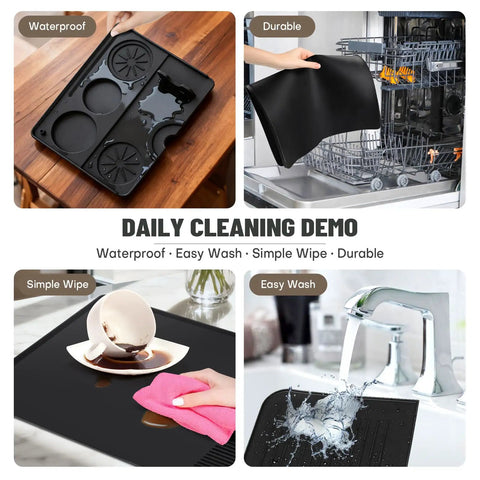 Three In One Silicone Coffee Mat for Home Espresso Machines 23 By 15 Inches With Raised Edge Anti Slip Heat Resistant Top Mat And Detachable Drying Pad Fits Ninja Luxe ES601 ES701 And Most Home Espresso Makers shown in use with cleaning examples.