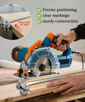 16 Inch Positioning Calipers For Circular Saw Featuring Stainless Steel Skate Plate Guide With Triple Bearing Glide in use for precise cuts.