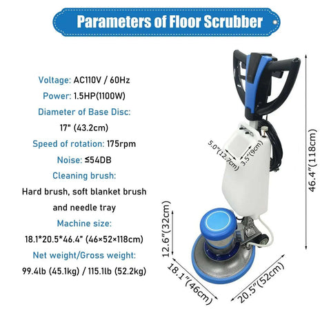 Beast Of A Floor Cleaning Machine With 17 Inch Cleaner And Polisher Industrial Ground Scrubber Buffer Heavy Duty Carpet Cleaner With Three Changeable Brushes For Hard Floors And Carpets 110V Large 3.17 Gallon Tank shown with specifications on blue background.