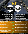 Comparison of Mn Alloy Steel G80 EP Black vs Carbon Steel G70 chains with pros and cons, highlighting 2 Pack Three Eighth Inch G80 Trailer Safety Chains 36 Inch With G70 Clevis Hooks 7100 Lb Working Load 27000 Lb Break Strength Beefy Heavy Duty Towing Transport Binding features.