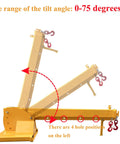 Top Shelf Forklift Jib Boom Crane 6600 Lb Capacity Telescoping Mobile Lifting Hoist showing 0 to 75 degree tilt range and hooks.