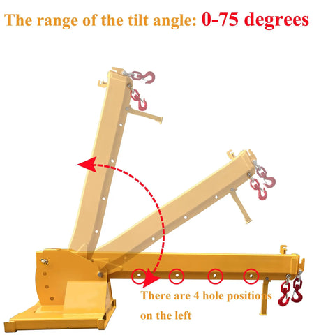 Top Shelf Forklift Jib Boom Crane 6600 Lb Capacity Telescoping Mobile Lifting Hoist showing 0 to 75 degree tilt range and hooks.