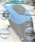 Commercial Floor Scrubber With 20 Inch Cleaning Path Dual Tank System 50L Fresh Water 40L Waste Water Boss Level Auto Industrial Mopping Machine 110V High Speed Clean Up To 18000 Sq Ft Per Hour Includes Brushes And Squeegee Versatile On All Floors, featuring a blue design with brush disk and wheels.