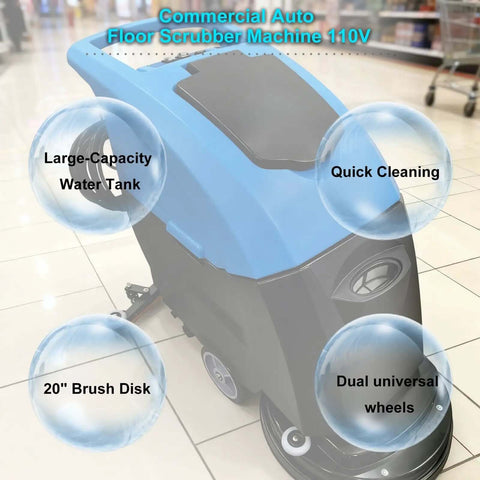 Commercial Floor Scrubber With 20 Inch Cleaning Path Dual Tank System 50L Fresh Water 40L Waste Water Boss Level Auto Industrial Mopping Machine 110V High Speed Clean Up To 18000 Sq Ft Per Hour Includes Brushes And Squeegee Versatile On All Floors, featuring a blue design with brush disk and wheels.