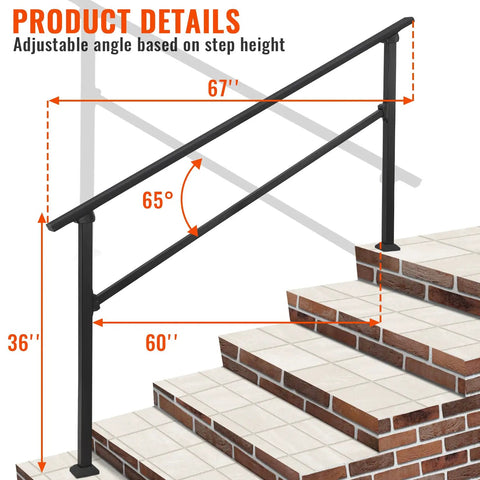 Heavy Duty Six Step Outdoor Stair Railing Kit Built Damn Tough With Galvanized Supports For Rock Solid Grip On Concrete Or Wood Steps Designed For Dead Simple DIY Install, showing adjustable angle and dimensions.