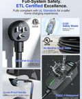 Dual Level Portable EV Charger with Smart App Control showing ETL listed safety and features like waterproof and safety shield plug.