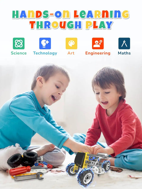 Two children playing with 10 In 1 STEM Toys For Kids Ages 4 5 6 7 8 Build Kit With Electric Motor Hands On Engineering Fun