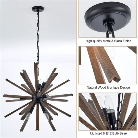 9 Light Sputnik Pendant Light Black With Natural Wood Shade Industrial Farmhouse Vibe Ceiling Fixture for modern homes