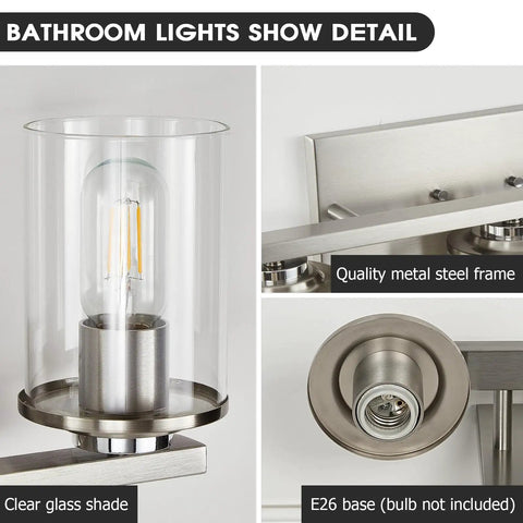 Close-up of Three Light Brushed Nickel Bathroom Vanity Light Fixture With Clear Glass Shade Over Mirror, E26 Base