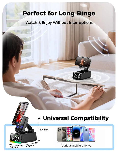 Person using Induction Phone Stand With Bluetooth Speaker HD Sound Dope Gift For Him Dorm Essentials Anti Slip Phone Holder Gadget