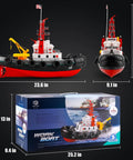 RC Fire Rescue Boat With 2 4GHz Remote Water Spray Function Dual Rechargeable Batteries Powerful Aquatic Rescue Ship For Pool Or Lake Great For Ages 14 And Up shown in front and side views with packaging
