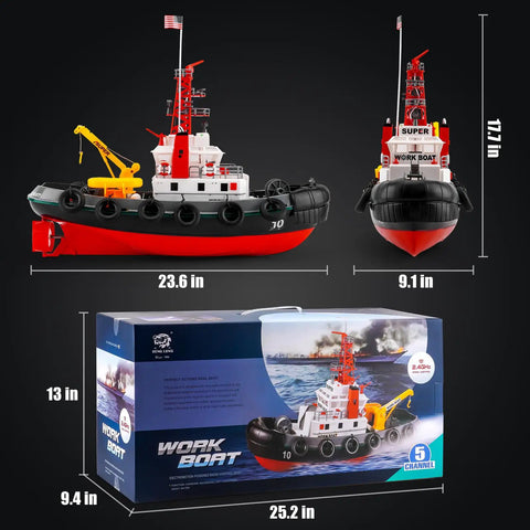 RC Fire Rescue Boat With 2 4GHz Remote Water Spray Function Dual Rechargeable Batteries Powerful Aquatic Rescue Ship For Pool Or Lake Great For Ages 14 And Up shown in front and side views with packaging