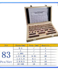 Dead Nuts Accurate Heat Treated Eighty Three Piece HSS Steel Gauge Block Kit in wooden case with measurement chart.
