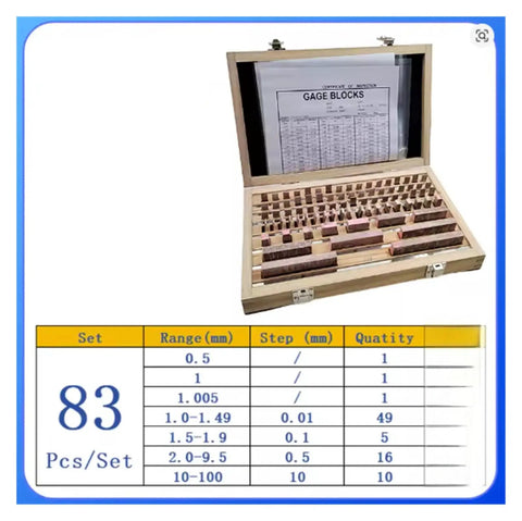 Heavy Duty 83 Piece Hss Gauge Block Set Built Tough With Badass 0.001Mm Calibration in wooden case with gauge blocks arranged.