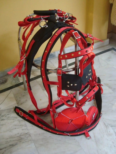 Durable Horse Driving Harness for Single Horse Cart in Red and Black with Chrome Plated Stainless Steel Buckles on display