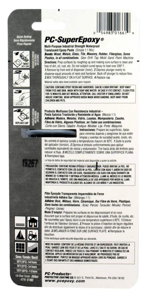 Back packaging of Two Part Epoxy Adhesive Paste In 1 Oz Double Syringe, instructions and product details visible