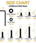 Size chart for 210-Piece Button Head Socket Cap Bolts Set With Nuts And Washers, 8 SAE sizes, 1/4-20 thread, black oxide 304SS.