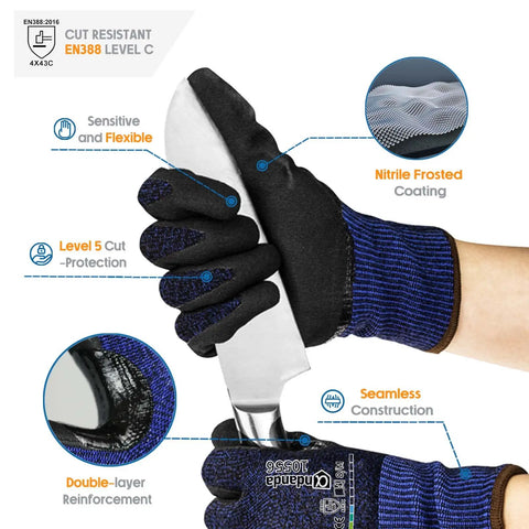 Close-up of hands wearing Level 5 Cut Resistant Work Gloves With Nitrile Palm Grip For Dry To Oily Surfaces holding a knife.