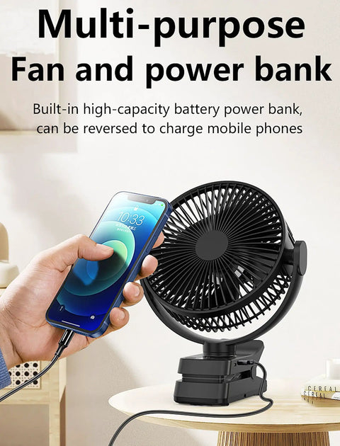 8 Inch Magnetic Clip On Fan For Golf Cart With 12000mAh Battery shown on a table charging a mobile phone, demonstrating power bank feature.