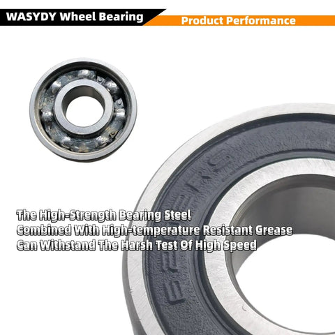 Front And Rear Mini Bike Wheel Bearing Kit 6202RS Easy Install Drop In Replacement close-up showing steel construction and grease resistant seal.