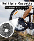 7 Speed Bicycle Cassette 11-28T Fits Mountain Bike Road Bike Folding Bike And Commuter Ride Delivers Crisp Shifting With High Strength Steel Nickel Plated Construction For Long Lasting Durability, shown with bike on rocky terrain