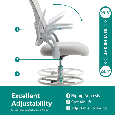 Drafting Chair For Standing Desks With Flip Up Arms, Counter Height Adjustable, Ergonomic Mid Back Mesh Chair On Wheels, side view showing adjustments.