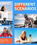 Various outdoor uses of 70in1 Action Camera Accessories Kit For GoPro And Most Cameras Including Hero Series Insta360 X Series DJI Osmo Action And AKASO Featuring 5 Section Selfie Stick 360 Degree Suction Cup Aluminum Extendable Pole 28 To 111 Cm Mounts And More.