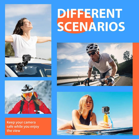 Various outdoor uses of 70in1 Action Camera Accessories Kit For GoPro And Most Cameras Including Hero Series Insta360 X Series DJI Osmo Action And AKASO Featuring 5 Section Selfie Stick 360 Degree Suction Cup Aluminum Extendable Pole 28 To 111 Cm Mounts And More.
