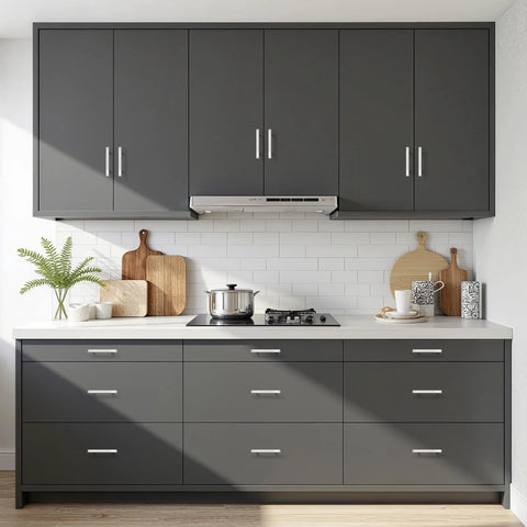 Pack of 10 Satin Nickel Stainless Steel Cabinet Handles with 76mm Hole Centers on modern grey kitchen cabinets