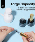 Applying 9 In 1 HEMA Free TPO Free Nail Glue Gel For Acrylic Tips and Clear Press On Nails with two black bottles and a UV lamp